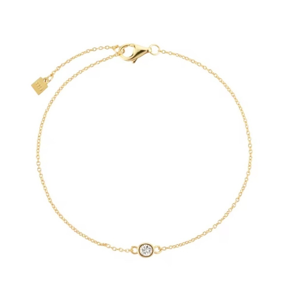 Gold Tone Bezel Set Solitaire CZ Dainty Link Chain Bracelet Minimalist Jewelry